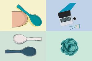 The collection of Spoons with Flower and Laptop design with shadow. vector