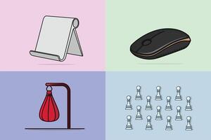 Collection of punching bag with Stand with Desktop Cell Phone Stand Tablet and Computer Mouse with Pawn Chess design. vector