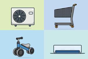 The collection of Air Conditioner with Empty Shopping Trolley and Children's Tricycle design with shadow. vector