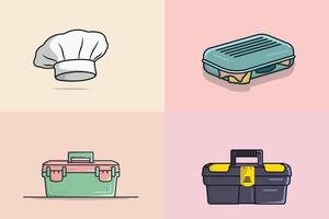Collection Of Toolboxes and Travelling bag illustration. Raveling and working tool equipment icon concept. Toolkit for a builder or industrial store. Portable plastic toolbox design. vector