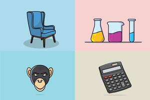 Collection of Monkey Head with Sofa Chair and Beaker Glasses Set with Calculator design. vector