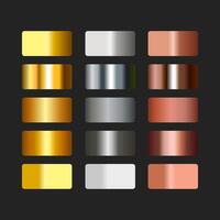 Gold, silver and bronze foil texture gradient background set. golden elegant, shiny and metalic gradient collection for chrome border, frame, ribbon, label design vector