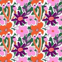 Various abstract flowers on a green background seamless pattern. Bright floral ornament in the style of naive art. vector