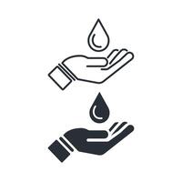 Hand with water drop. Save water line and flat icon vector