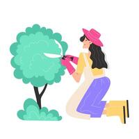 A young woman trims bushes in the garden with garden shears vector