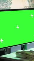 Vertical Soldier in military HQ base using green screen equipment to gather information on enemy troops. Officer using chroma key devices to do assessment of enemy vulnerabilities, camera A video