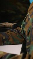 Vertical Army telecommunication systems operator using radio and satellite gear to gather intel, providing combat support. Special forces military dispatcher managing communications networks, camera A video