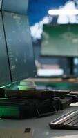 Vertical Weapons in army governmental facility used to attack enemy forces. Handguns on table in empty military base of operations with radar systems, prepared for assault mission start video