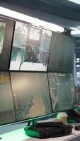 Vertical Secure room in army governmental facility used for surveillance monitoring. Empty military base of operations with radar systems, tracking enemy aircraft entering airspace video