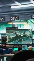 Vertical Advanced technology in army command center housing operational missile defense system. Armed forces headquarters used for tracking enemy rockets using radar systems during war video