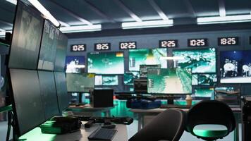 Advanced technology devices in army governmental establishment used for surveillance monitoring. Empty military base of operations with radar systems protecting borders from surprise attacks video