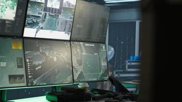Close up of screens in empty control center housing operational missile defense system designed to intercept ballistic threats. Monitors in army headquarters used for tracking rockets with radar video