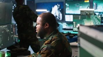 Soldier doing tasks in military base, using radar, intercepting and destroying ballistic rockets. Man monitoring army HQ CCTV for any unauthorized activity, tracking missiles, camera A video