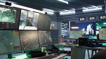 Empty army command post used for operating missile defense system designed to intercept and destroy ballistic missiles. High tech armed forces headquarters used for tracking rockets video