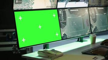 Soldier in military HQ base using green screen equipment to gather information on enemy troops. Officer using chroma key devices to do assessment of enemy vulnerabilities, camera A video