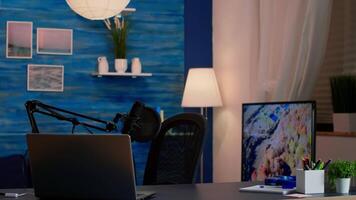 Professional setup for recording podcast in home studio of vlogger. Influencer recording social media content with production microphone. Digital web internet streaming station video