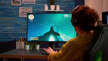 Furious player loosing an important virtual e sport competition of space shooter game playing on powerful computer. Pro gamer streaming cyber performing gaming tournament in cyberspace video