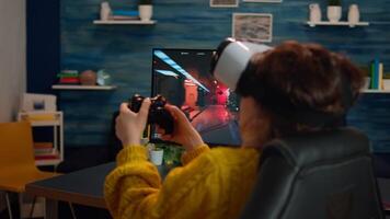 Gamer woman losing videogame tournament while playing with VR headset using joystick controller and headset late at night. Virtual shooter game championship in cyberspace, esport player gaming video