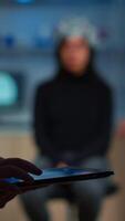 Vertical . Close up of expert scientist in neurological dysfunctions standing in laboratory working at tablet. Medical researcher preparing patient for brain scan analysing electrical activity of nervous system video