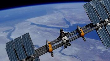 Spaceship passing by earth planet in the atmosphere during the night. Floating starship in the universe, shuttle in space monotoring weather conditions. Images from NASA. 3D render animation video