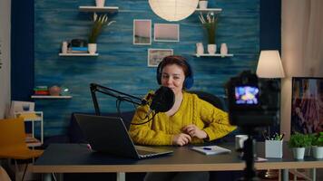 Creative vlogger recording podcast using production station in home studio. Creative online show On-air production internet broadcast host streaming live content, digital social media communication video