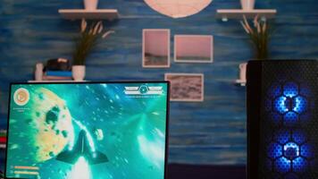Woman gamer playing esports from home using powerful computer participating at championship. Virtual shooter game in cyberspace, esports player performing on pc gaming tournament video