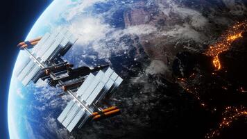 View of the earth and a spaceship from satellit using high technology. International space station orbiting planet. Floating spaceship in the univers. Images from NASA. 3D render animation video