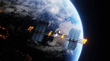 Modern scientific and educational international space satellite station flighting above earth planet. Orbiting spaceship in the univers, shuttle into atmosphere. Images from NASA. 3D render animation video