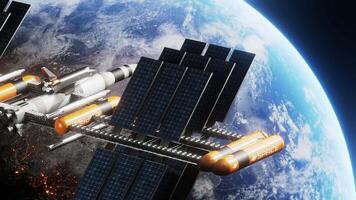 Close up ISS flying over earth globe atmosphere. International Space Station discovery realistic planet. Sci progress concept. 3d render animation. 4K. Elements of this image furnished by NASA video