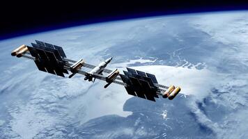 Spacecraft deploying solar panels using modern space technology during the night. Orbiting spaceship in the univers, shuttle into atmosphere. Images from NASA. 3D render animation video