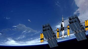 Scientific and educational space satellite at the earth orbit floating Spaceship orbiting in the univers, shuttle into atmosphere. Images from NASA. 3D render animation. Space navigation satellite video