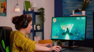 Gamer woman with headphones relaxing at home playing space shooter game on powerful computer. Virtual shooter game in cyberspace, esports player performing on pc gaming tournament video