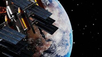 Modern international space station navigation satellite orbiting the earth. Spaceship floating in univers transmitting informations, shuttle into atmosphere. Images from NASA. 3D render animation video