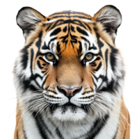 Realistic portrait of a tiger looking directly at the viewer with striking facial features and vivid coloration on a white background, cut out - stock . png