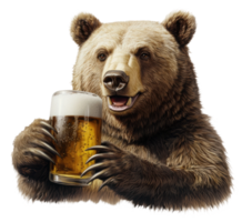A bear happily holding a pint of beer in a playful setting, reflecting a whimsical take on wildlife and leisure, cut out - stock . png