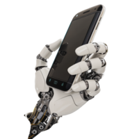 A robotic hand holding a smartphone in a modern setting png