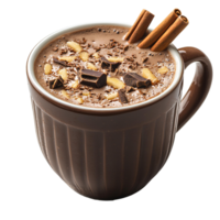 Cup of hot chocolate with cinnamon stick . Delicious fall winter drink isolated png