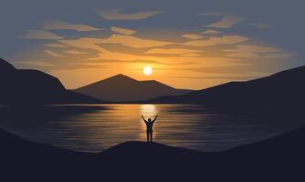 Beautiful view of lake at sunset with a man standing alone vector