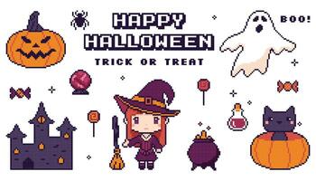 Pixel art set of Halloween, featuring pumpkins, ghost and witch. vector