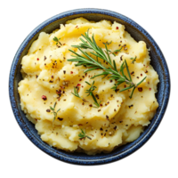 mashed potatoes . mashed potatoes in a bowl for thanksgiving dinner top view . thanksgiving day essential mashed potatoes with spices on top flat lay png