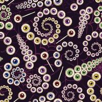 Seamless pattern with colorful eyeballs, distorted spider web. Fractal, spiral ornament. Surreal, psychedelic illustration in vintage style for Halloween holiday. For prints, t shirt, surface design vector