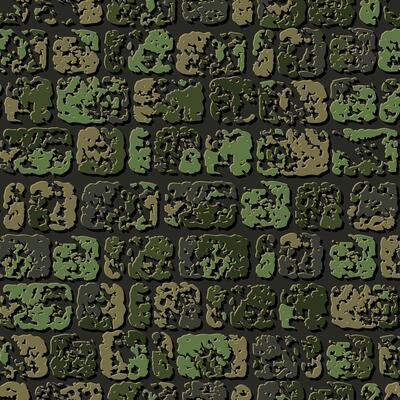 Seamless khaki green camouflage brick stone wall pattern with cracked destroyed old stones. Geometric background for fabric, textile. Grunge style.