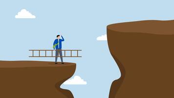 Solution to solve problem, 4k animation of businessman holds ladder that is to be climbed up to higher cliff. video