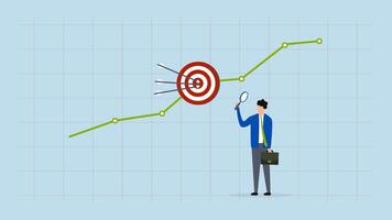 Marketing target audience research, 4k animation of businessman marketer with magnifying glass analyzing chart and graph of customer data. video