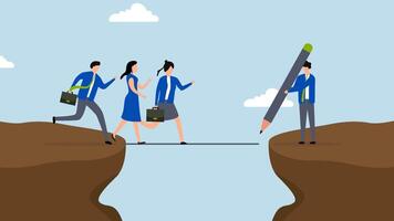 Support employee to progress, 4k animation of business manager pulls line down like bridge to help team members over a cliff. video