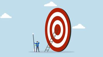 Aiming for high target mission, 4k animation of businessman with big ladder in his hand, starting to climb the ladder to bullseye video