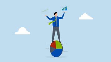 Data driven with analytics research, 4k animation of businessman balance and control circle diagram with analytical data in hand. video