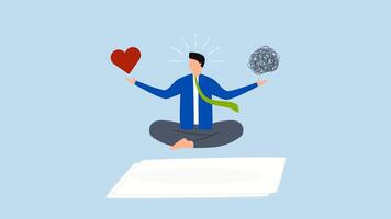 4k animation of businessman meditating while hovering balancing messy chaos and passionate heart shape. video