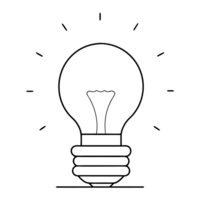 A simple line drawing depicts a lightbulb with rays emanating from it, png