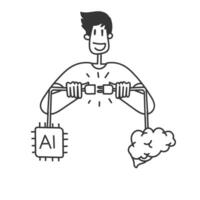 connecting brain with ai chip robotic socket in freehand style cartoon character vector
